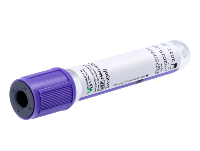 Вакуумна пробірка, 6 мл, 13*100 мм, з K3EDTA та розділовим гелем, з фіолетовою кришкою,100 шт. стерильна